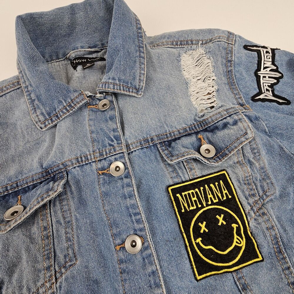 New Look Denim Jacket M Rock Band Patches Nirvana Metallica AC/DC Punk Grunge